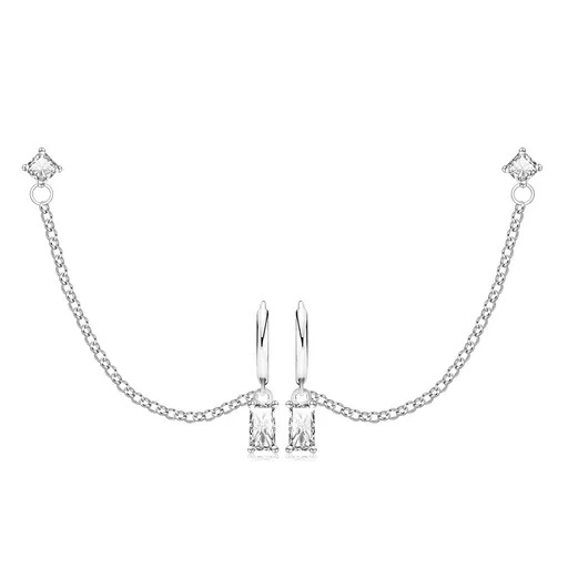 Dvojité náušnice ze stříbra 925 - hranaté zirkony čiré barvy, kruh, puzetka