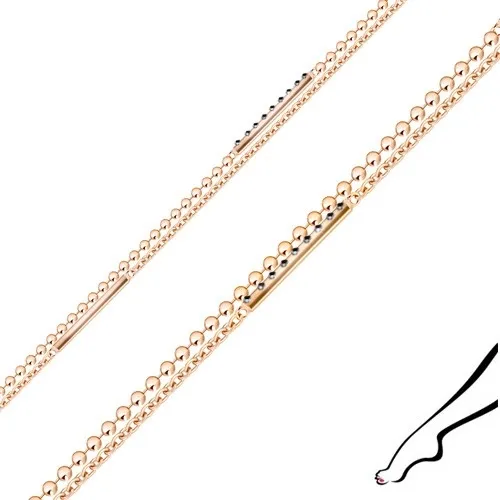 Náramek na nohu ze stříbra - dvojitý řetízek, zirkony, proužky, měděná barva