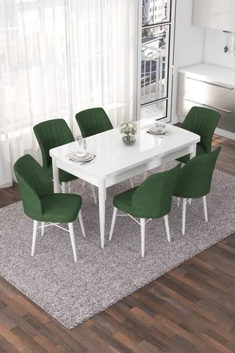 Extendable Dining Table & Chairs Set (7 Pieces) Nef - White, Khaki