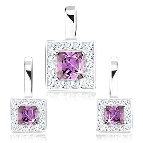 Stříbrný 925 set náušnic a přívěsku, fialový zirkonový čtverec, čirý lem