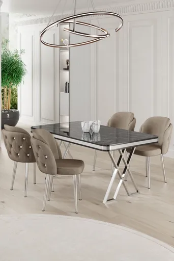 Dining Table & Chairs Set (5 Pieces) Rigel - Black Marble, Chrome, Cappuccino