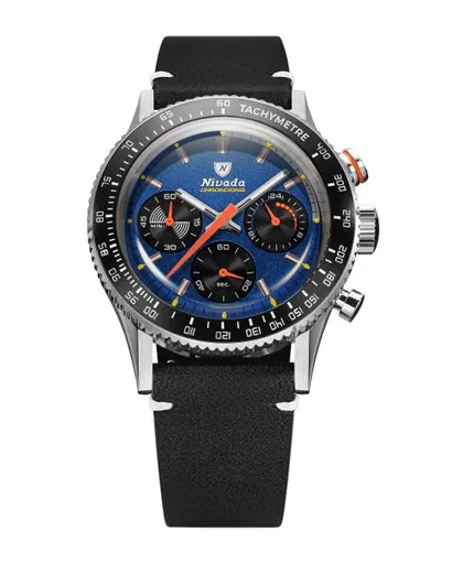 Nivada Grenchen Chronoking Mecaquartz Racing Blue - Inter. Bezel - Black Leather White Stitching