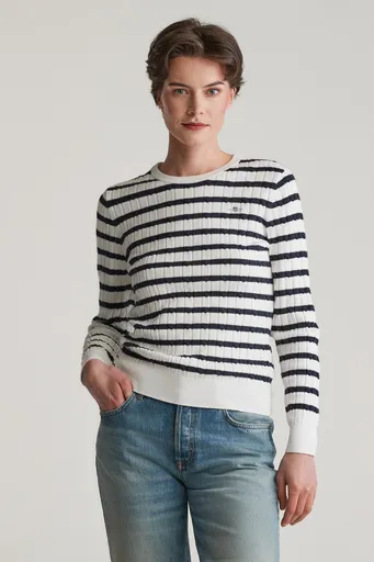 SVETR GANT STRETCH COTTON CABLE STRIPE C-NECK EGGSHELL