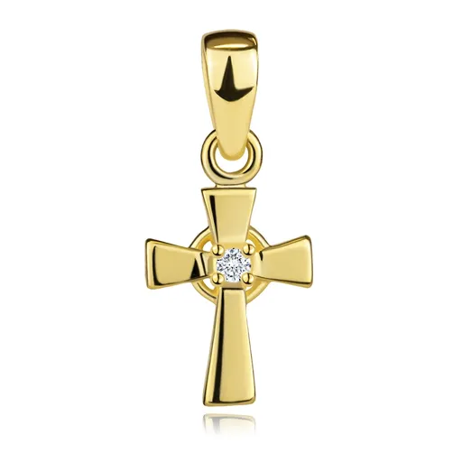 Zlatý přívěsek 14K kříž se zirkonem a rozšiřujícími se rameny