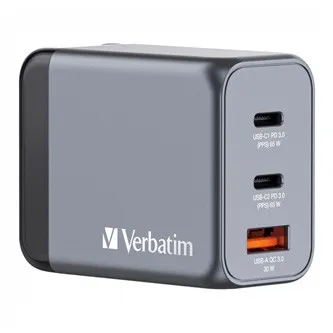 Verbatim GaN 32201, cestovní nabíječka do sítě, USB 3.0, USB C, šedá, 65 W, vyměnitelné vidlice C,G,A