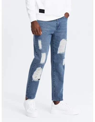 Pánské džínové kalhoty TAPERED FIT s otěry - tmavě modré