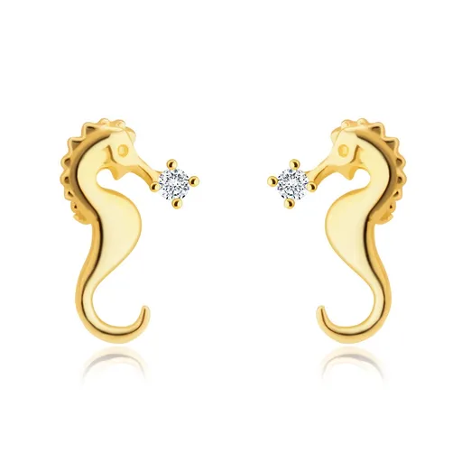 Puzetové zlaté 585 náušnice - motiv mořského koníka, třpytivý kulatý zirkon