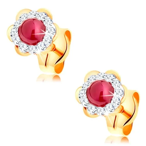 Zlaté náušnice 585 - blýskavý kvítek s kulatým rubínem uprostřed