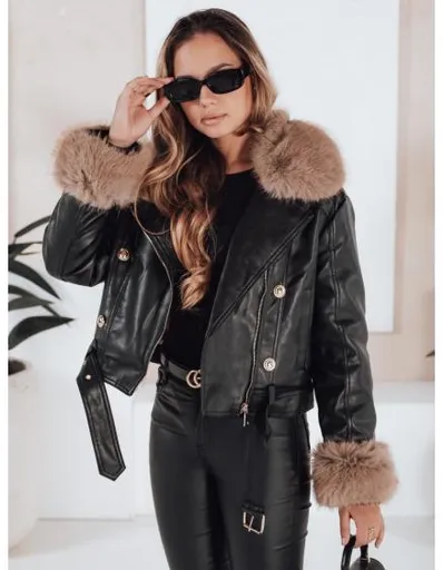 Dámská kožená zimní bunda s kožešinou černá