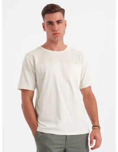 Pánské bavlněné tričko s jemnou výšivkou - krémové V2