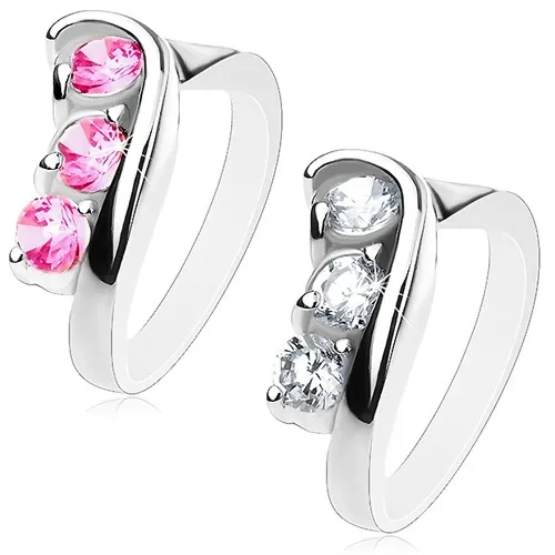 Třpytivý prsten s asymetricky zahnutými rameny, broušené kulaté zirkony - Velikost: 49, Barva: Čirá