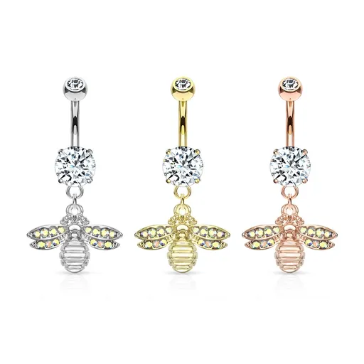 Piercing do pupíku z oceli - včela s duhovými krystalovými křídly, čirý krystal v kotlíku - Barva: Měděná