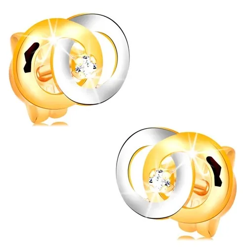 Náušnice ve 14K zlatě - dva propojené kroužky, čirý briliant uprostřed