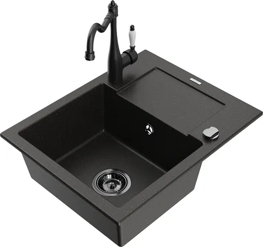 MEXEN/S Enzo granitový dřez 1 s odkapávačem včetně baterie Carla, černá/zlatá metalik 6506-75-670700-70-B