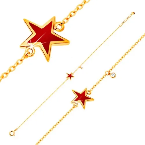 Náramek ve žlutém zlatě 585 s přívěsky - hvězda s červenou glazurou, čirý zirkon