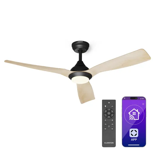 Klarstein Fiji Flow 2 v 1 Smart, stropní ventilátor, Ø 132 cm, LED světlo, dálkové ovládání, ovládání přes aplikaci, dvousměrný provoz