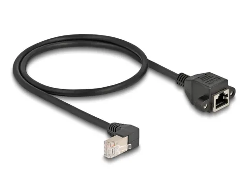 Delock Síťový prodlužovací kabel ze zástrčky S/FTP RJ45, pravoúhlý (90°), na integrovanou zásuvku RJ45, Cat.6A, 0,5 m, černý