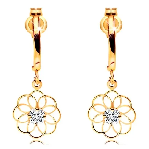 Náušnice ze žlutého zlata 585 - lesklý oblouk a visící obrys květu se zirkonem