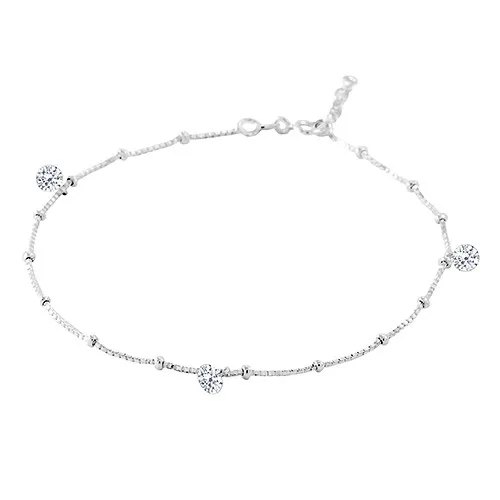 Řetízek na nohu, stříbro 925, tři čiré zirkony na hranatém řetízku s kuličkami