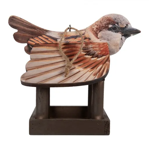 Hnědé dřevěné závěsné krmítko pro ptáčky s dekorem vrabčáka - 17*25*21 cm Clayre & Eef