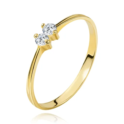 Zlatý prsten 585 - tenká lesklá ramena, dva zářivé zirkonky čiré barvy - Velikost: 49
