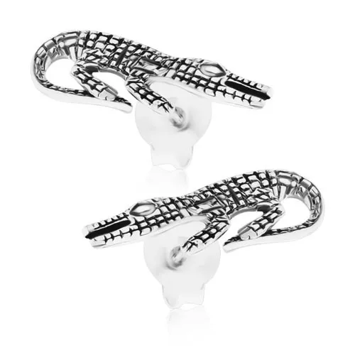 Puzetové stříbrné náušnice 925, krokodýl ozdobený černou patinou