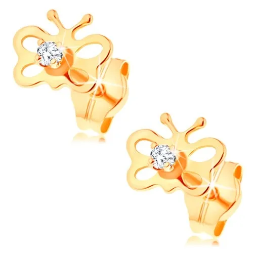 Náušnice ze žlutého 14K zlata - lesklý motýl s výřezy, zirkon čiré barvy