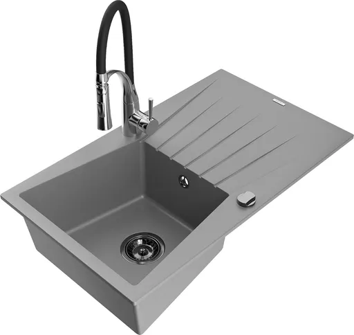 MEXEN/S Cesar granitový dřez s odkapávačem včetně baterie Aster, šedá 6514-71-73450-07-B