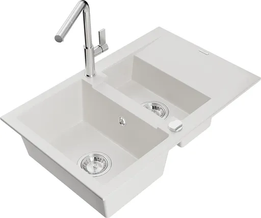 MEXEN/S Gaspar granitový dřez 1.5 s odkapávačem včetně baterie Flora, bílá 6507-20-670401-00
