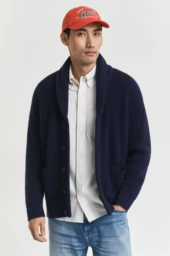 KARDIGÁN GANT WOOL BLEND SHAWL COLLAR CARDIGAN EVENING BLUE