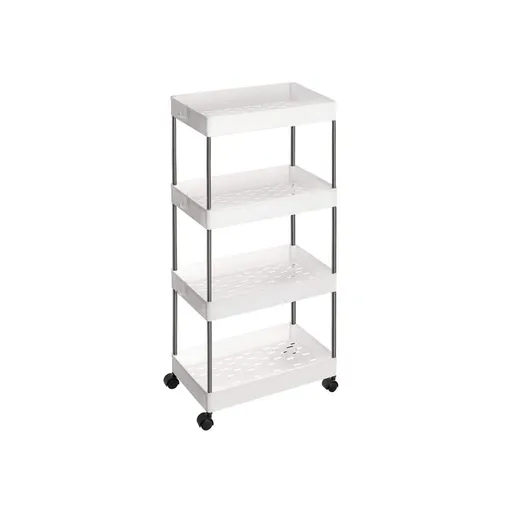 Úzký pojízdný regál na kolečkách, 4 patra, 40x22x86 cm, bílý