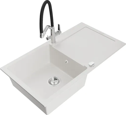 MEXEN/S Leo granitový dřez 1-miska s odkapávačem včetně baterie Duo, bílá 6501-20-671701-07