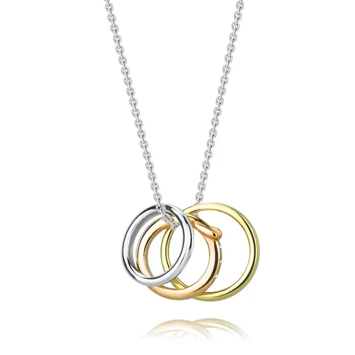 Náhrdelník ze stříbra 925 - tříbarevná kombinace přívěsků, tenké kroužky, pásek, čiré zirkony