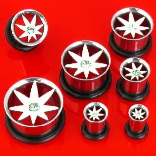 Ocelový tunel do ucha - konopný list, zelený zirkon - Tloušťka : 10 mm