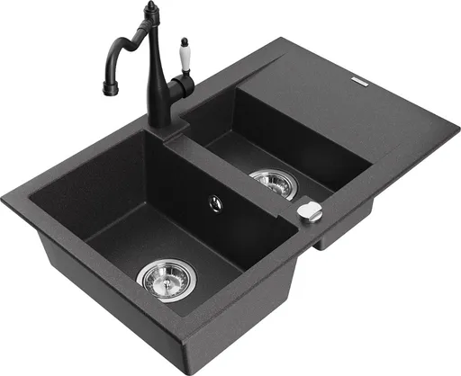 MEXEN/S Gaspar granitový dřez 1.5 s odkapávačem včetně baterie Carla, černá kropenatá 6507-76-670700-70