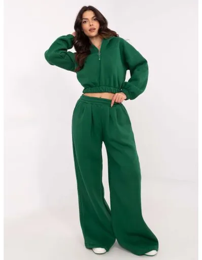 Tmavě zelená základní mikinová souprava s širokými nohavicemi