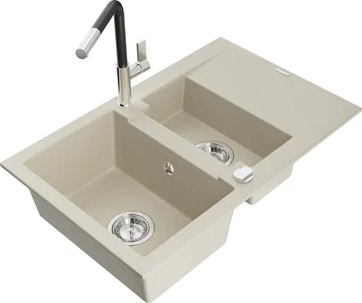 MEXEN/S Gaspar granitový dřez 1.5 s odkapávačem včetně baterie Flora, béžová 6507-69-670401-07