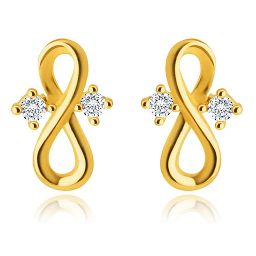 Diamantové náušnice ve žlutém 14K zlatě - symbol nekonečna, čiré brilianty