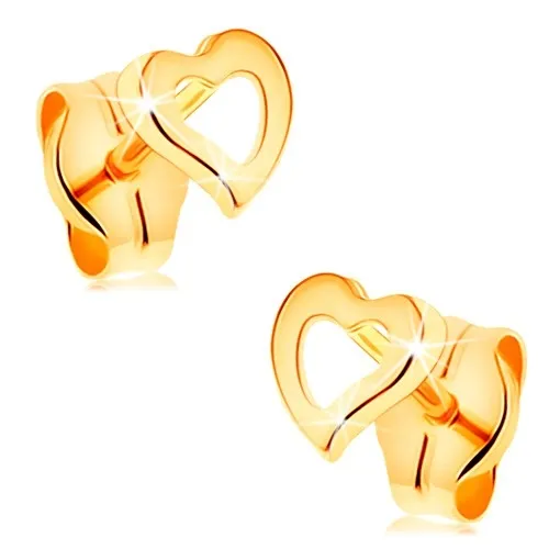 Zlaté náušnice 585 - obrys asymetrického srdíčka, lesklý a hladký povrch