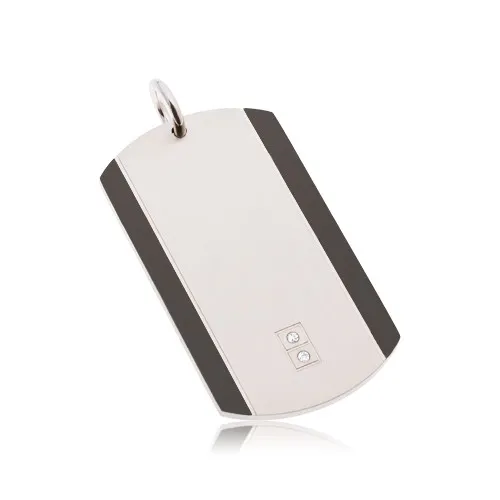 Přívěsek z chirurgické oceli, matná známka stříbrné barvy, černé okraje, zirkony