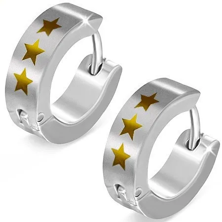 Lesklé kloubové náušnice z oceli 316L, stříbrná barva, tři světlehnědé hvězdičky