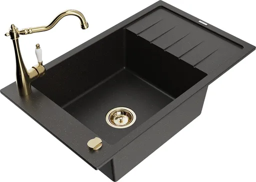 MEXEN/S Elias granitový dřez 1-miska včetně baterie Carla, černá/zlatá metalik 6511-75-670700-50