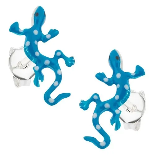 Náušnice ze stříbra 925, tmavě modrá glazovaná ještěrka, bílé puntíky