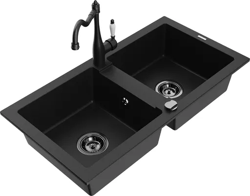 MEXEN/S Mario granitový dřez 2-bowl včetně baterie Carla, černá 6504-77-670700-70-B