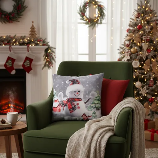 Vánoční 3D návlek, Sněhulák a domečky 40 x 40 cm