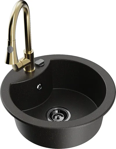 MEXEN/S Diego granitový dřez 1-miska včetně baterie Elia, černá/zlatá metalik 6512-75-670101-50-B