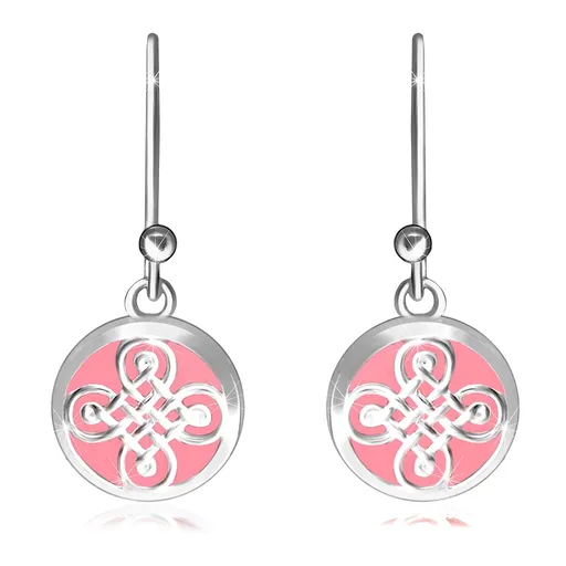 Visací stříbrné 925 náušnice - hladký kroužek, keltský vzor na růžovém podkladu