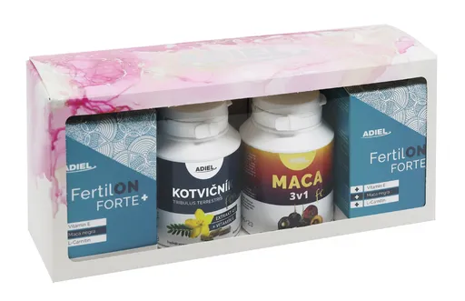 ADIEL Kotvičník zemní FORTE s vitamínem E 90 kapslí + Adiel FertilON Forte plus Vitamíny pro muže 2x 60 kapslí + Adiel Maca 3v1 forte 90 kapslí Dárková sada pro muže