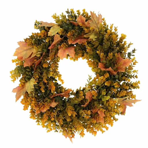 Podzimní věnec umělý Eucalyptus a javorové listy, pr. 40 cm, oranžovo-zelená