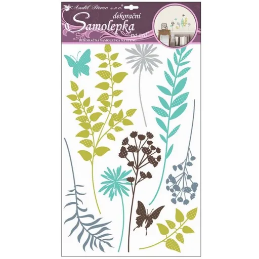 Samolepky na zeď barevné kapradiny s glitry 50 x 32 cm